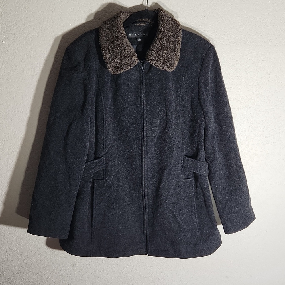Gallery Peacoat Size XL Wool Blend Dark Gray Charcoal Faux Fur Collar